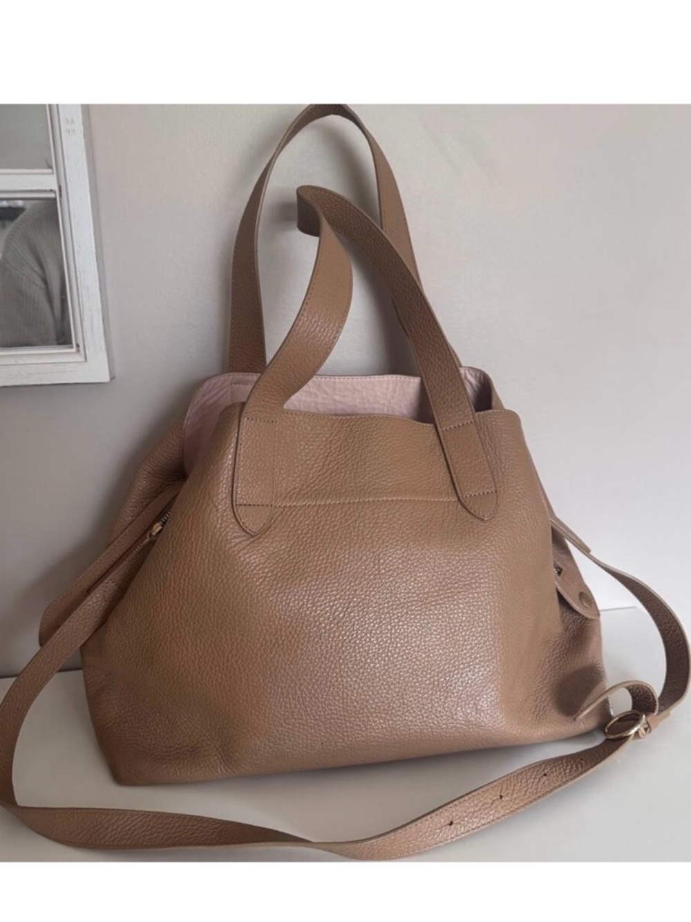 Cuyana Zippered Satchel Stone Tan Leather